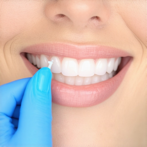 Dentist checking the bite alignment of a new crown using blue marking paper.