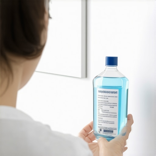 Person checking mouthwash bottle label ingredients to avoid tongue burn.