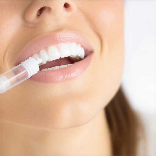 Close-up of using a water flosser to clean the margin of a dental crown.