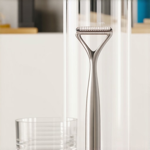 A metal tongue scraper used for daily oral hygiene to reduce dry mouth symptoms.