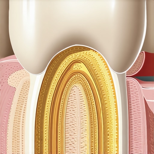 Comparison of Healthy Enamel vs Thinned Enamel A medical diagram showing how the yellow dentin layer becomes visible when tooth enamel is worn away.