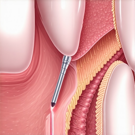 Comparison of Healthy Gums vs Periodontal Disease A medical illustration showing how laser dentistry targets bacterial biofilm in deep gum pockets compared to healthy tissue.