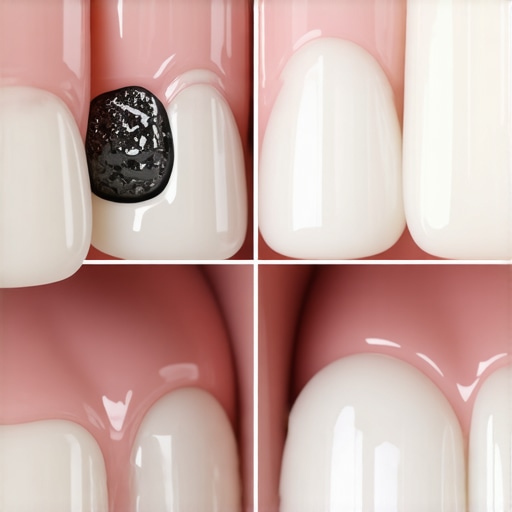 Comparison of PFM and Zirconia Dental Bridges A side by side comparison of a dental bridge with a dark metal line and a natural-looking ceramic bridge.