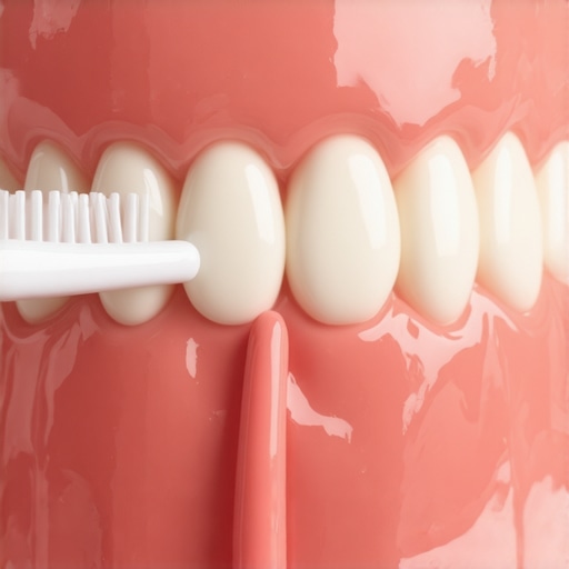 Close-up of a toothbrush angled at 45 degrees against the gum line for gentle cleaning.
