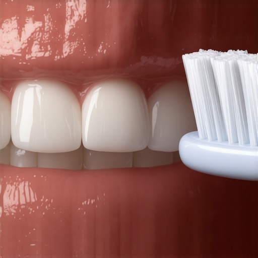 Correct 45-degree Brushing Technique Close-up of a soft toothbrush angled correctly at the gum line for gentle cleaning