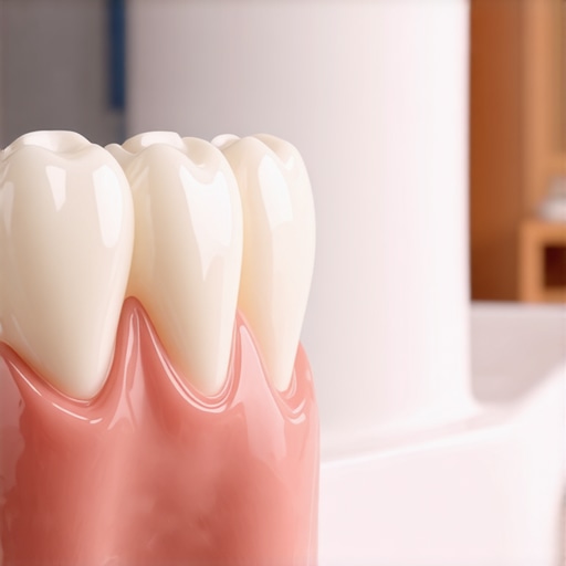 Close-up showing the proper amount of adhesive cream on a denture plate