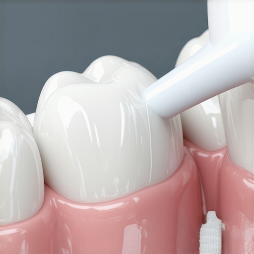 Close-up of soft-bristled toothbrush cleaning teeth with braces at a 45-degree angle.