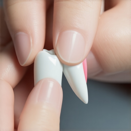 Correct C-Shape Flossing Technique Close-up of fingers holding dental floss in a C-shape around a tooth to demonstrate proper gum care.