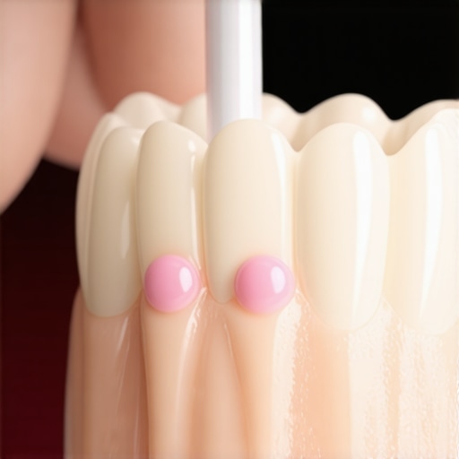 Correct Denture Adhesive Application Technique Applying pea-sized dots of denture adhesive to a clean plate