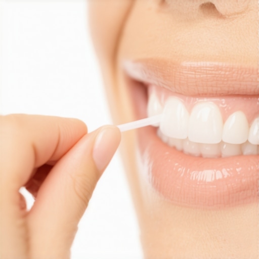 Hands holding a short span of dental floss taut for controlled dental cleaning