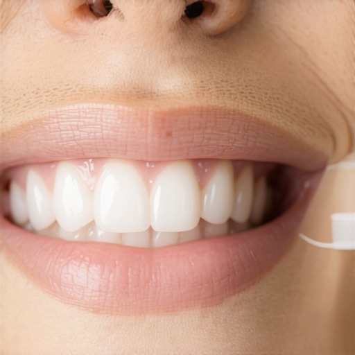 Correct Whitening Strip Application Technique Close-up of a whitening strip being applied to dry teeth while avoiding the gum line.