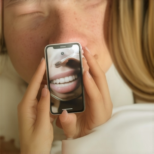 DIY Home Dental Inspection Using a Mirror and Flashlight A person checking their teeth for stains or cavities using a flashlight and mirror.
