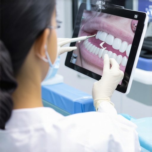 A dentist explaining gum health vs tooth color to a patient using digital imaging