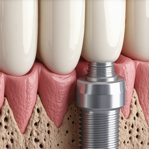 3D medical view of a dental implant fused with jawbone tissue
