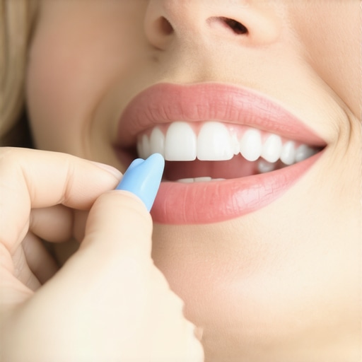 A clinical close-up of dental articulating paper being used to identify high spots on a new filling.