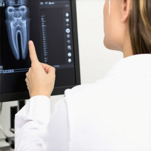 A dentist pointing at a digital X-ray to explain the functional necessity of a dental procedure.