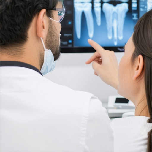 A dentist showing a patient the difference between healthy enamel and dental erosion on a screen.