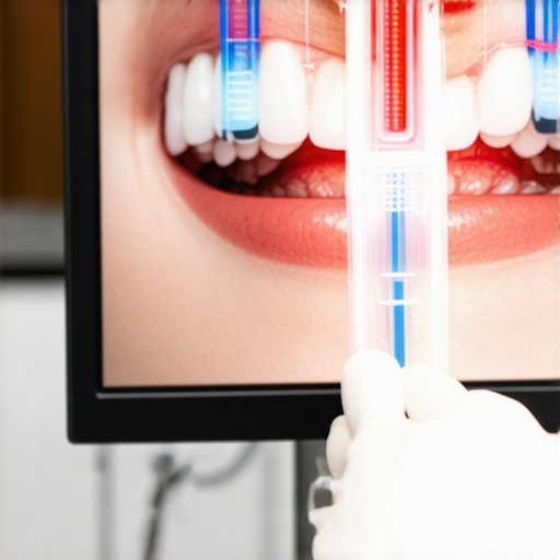 A dentist checking a patient's bite pressure using digital diagnostic tools to ensure implant stability.