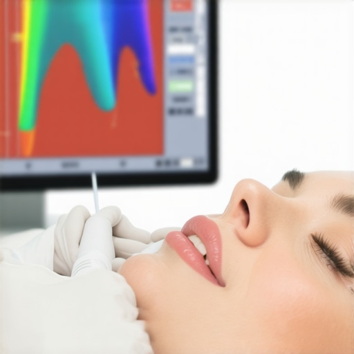 A dentist using a T-Scan sensor to measure bite force and tooth alignment on a patient.