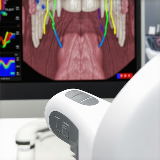 Digital Bite Analysis with T-Scan Technology A dentist using a T-Scan digital sensor to analyze a patient's bite force and dental alignment on a monitor.