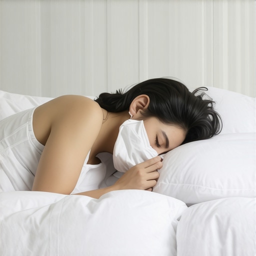 A person using pillows for head elevation and a cold pack to manage nighttime dental pain