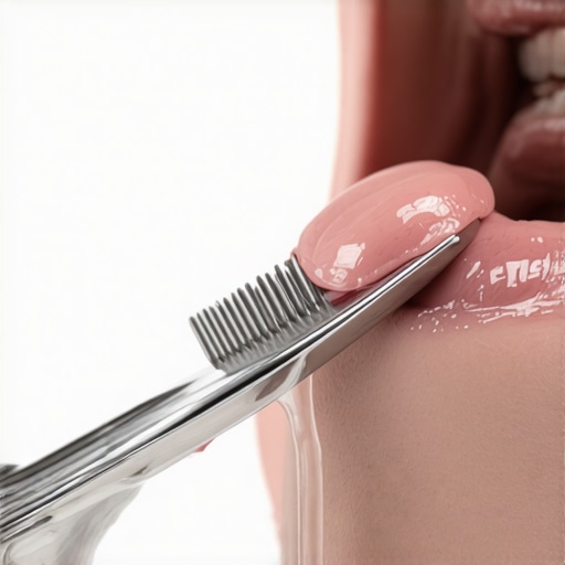 Close-up of a person using a metal tongue scraper to remove biofilm for fresher breath.