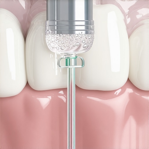 A dental water flosser being used to clean a permanent lingual retainer on lower teeth.