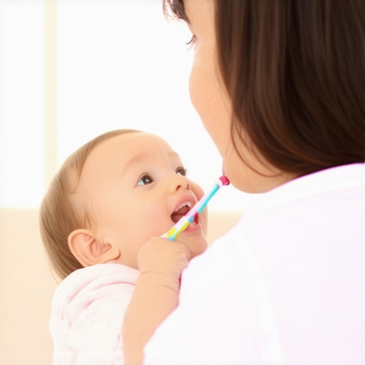 A parent using the lap-laying technique to brush a toddler's teeth while using a decoy toothbrush.