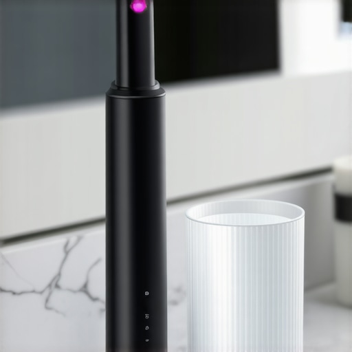 A close-up of a high-tech electric toothbrush showing a red warning light for excessive pressure.