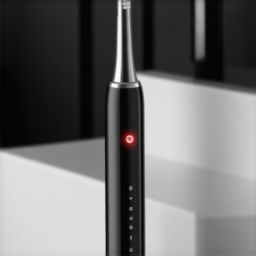 Close up of an electric toothbrush showing the pressure sensor light to prevent gum bleeding.