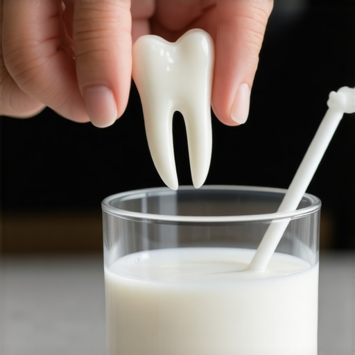 Close up of a knocked out tooth being placed in a glass of milk for preservation.
