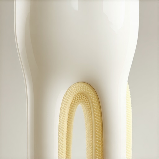 Enamel vs Dentin Visualization Close up of a tooth model showing enamel wear and the yellow dentin layer beneath.