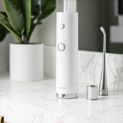 Essential Family Dental Maintenance Tools A water flosser and tongue scraper on a bathroom counter representing advanced home dental care.