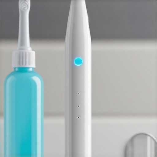 An electric toothbrush, plaque-disclosing solution, and a dental mirror on a bathroom counter representing advanced family dental maintenance.