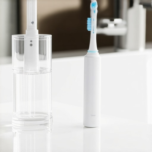 Essential Modern Oral Maintenance Tools A water flosser and sonic toothbrush on a bathroom counter for gum health maintenance.