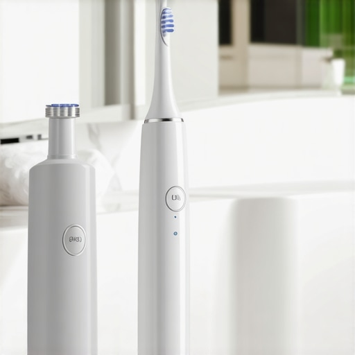 Electric toothbrush and water flosser on a modern bathroom vanity for dental care maintenance
