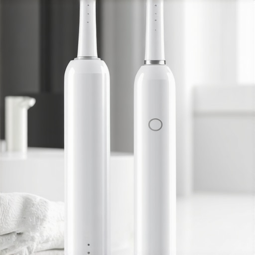 Modern dental maintenance tools including an electric toothbrush and water flosser on a marble counter.