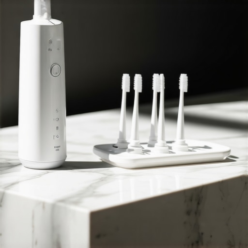 Essential Tools for Gum Maintenance Modern water flosser and soft interdental brushes on a marble counter
