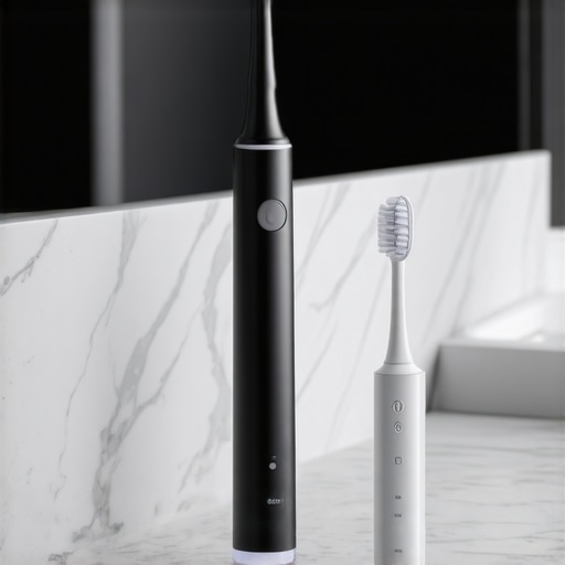 A collection of high-tech dental hygiene tools including an electric toothbrush and water flosser.