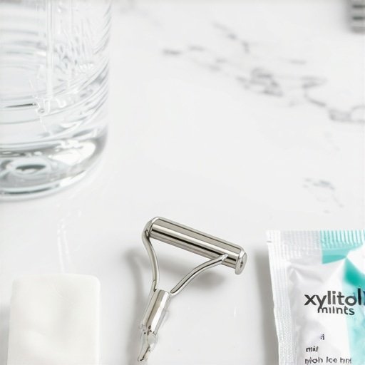 Essential Tools for Oral Hydration A tongue scraper and xylitol products displayed on a bathroom counter to help manage dry mouth.