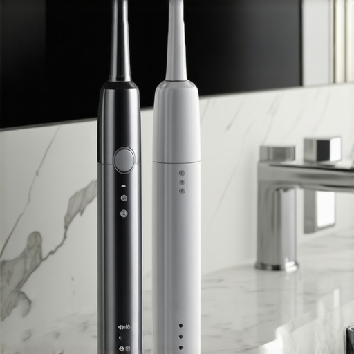 Close up of electric toothbrush and water flosser on a bathroom counter