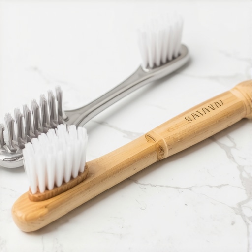 A metal tongue scraper and a toothbrush on a bathroom counter representing effective oral hygiene tools.