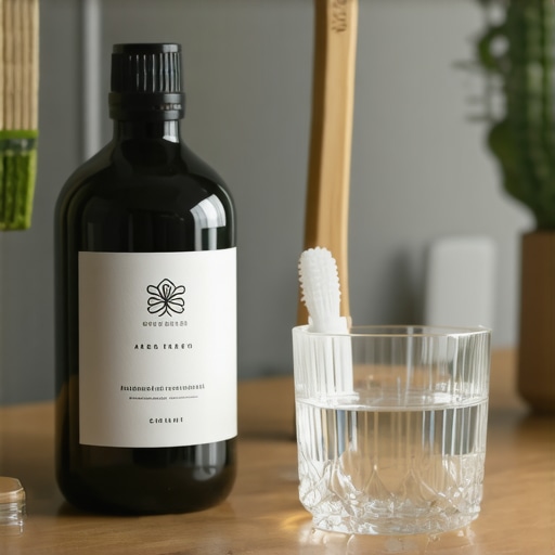 Essential Tools for a Gentle Oral Hygiene Routine Alcohol-free mouthwash and dental tools on a bathroom shelf