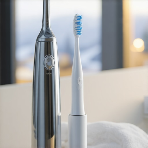 Electric toothbrush and water flosser on a bathroom counter representing winter oral care maintenance.