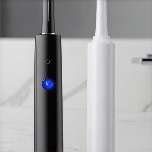 Electric toothbrush and water flosser on a bathroom vanity