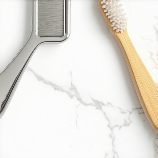 A tongue scraper and toothbrush on a bathroom counter representing effective morning breath prevention.