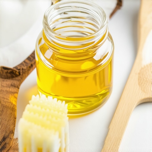 Essential tools for oil pulling and daily dental hygiene Organic coconut oil jar next to a toothbrush for holistic oral care