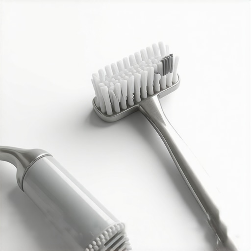 A stainless steel tongue scraper and toothbrush on a marble counter.