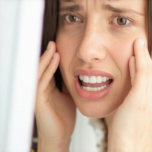 A person checking their teeth in a mirror for signs of enamel wear or health issues.