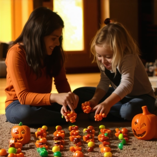 A mother and child sorting candy on the floor to protect their teeth
